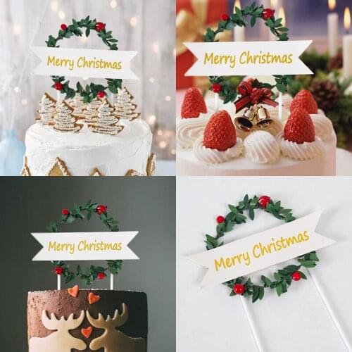 New 2021 Merry Christmas Cake Topper Flowers Plants Vine Cupcake Topper For Christmas Party Cake Decorations Xmas Home Decor