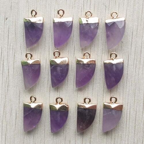Good quality natural amethysts stone ox horn shape pendants charms for jewelry making 12pcs/lot Wholesale free shipping
