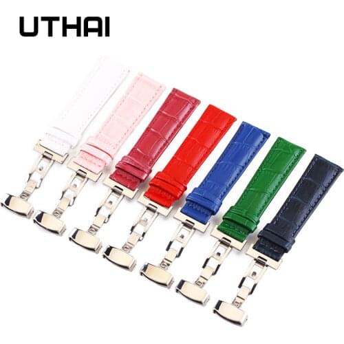 UTHAI B08 Genuine Leather Watchbands 12-24mm Universal Watch Butterfly buckle Band Steel Buckle Strap Wrist Belt Bracelet + Tool