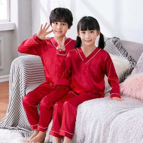 V-neck Childrens Pajama Set Silk Satin Baby Boys Homewear Soild Kids Summer Pajamas for Teen Girls Long Sleeve Nightwear Lounge