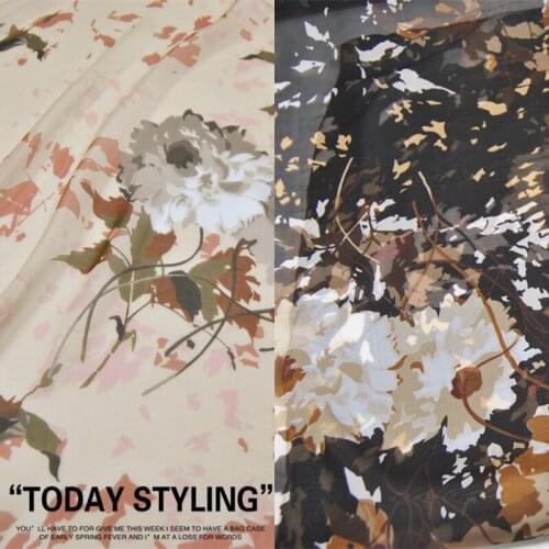 LEO&LIN Large Wide Light Brown Black Flower Real Silk Chiffon 100% Silk Clothing Cloth Fabric DIY patchwork