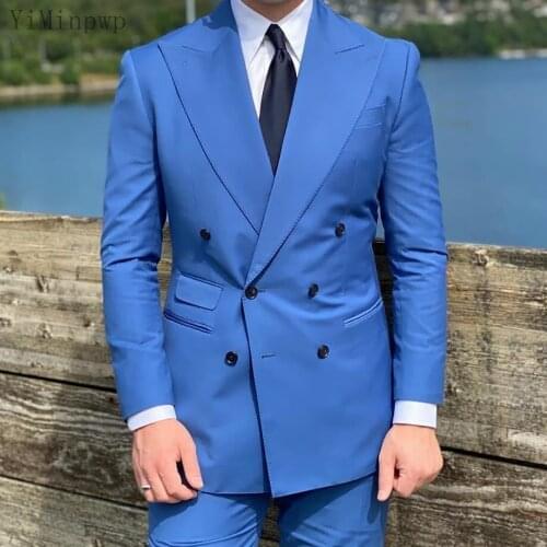 YiMinpwp Blue Men Suits Formal Slim Fit Peaked Lapel Double Breasted Business Wedding Suit Men Blazer Tuxedo 2 Piece Jacket+Pant