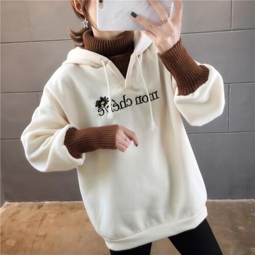 Zuolunouba Winter Casual Women Hoody Embroidery Harajuku Letter Flowers Sweatshirt Long-sleeved Fashion Fake Two Pieces Pullover