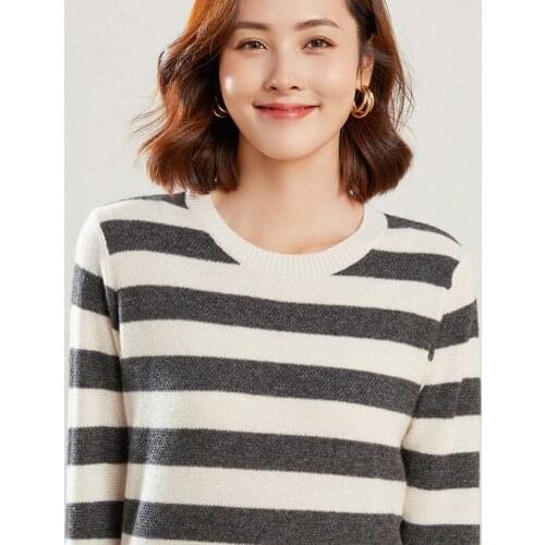 21 Autumn Winter New Round Neck Pure Wool Pullover Sweater Women Large Size Loose Stripe Lazy Knitting All-Match Bottoming Shirt