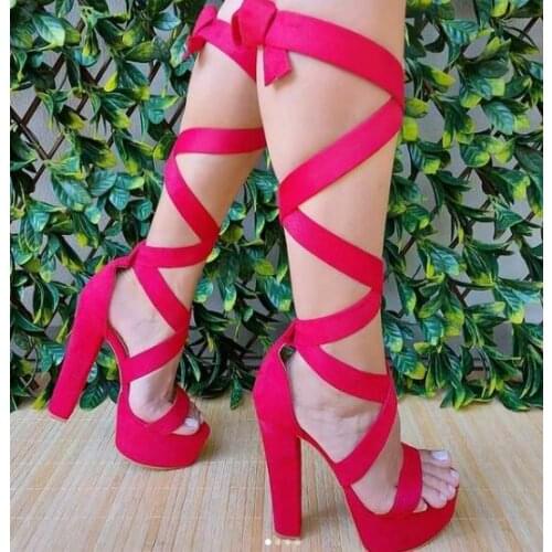 Moraima Snc Sexy Open Toe Thick Heels Women Sandals Summer Lace-up Cutouts Gladiator Shoes Platform Club Wearing Shoes Black