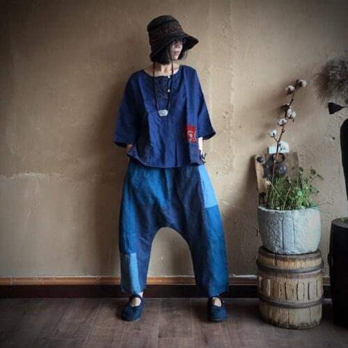 Women Loose Linen Patchwork Harem Pants Ladies Vintage Spliced Flax Harem Trousers Female 2020 Patchwork Trousers Pants