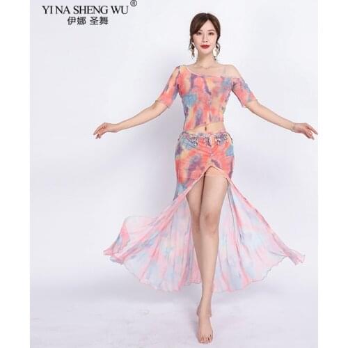 Belly Dance Practice Costume Set Women Sexy Perspective Mesh Top+Split Skirt Suit Oriental Bellydance Team Training Clothing New