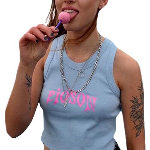 Xingqing Women Sleeveless Crop Top Summer Slim Fit Letter Print Round Neck Tank Top Pullover T Shirt Y2k Clothes Streetwear