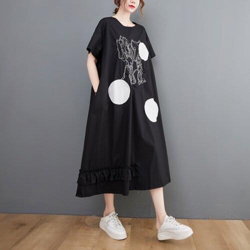 Japan Yamamoto Style Dark Black Print Dot Sweet Girls Chic Summer Dress Embroidery Floral Ruffle Fashion Women Casual Dress