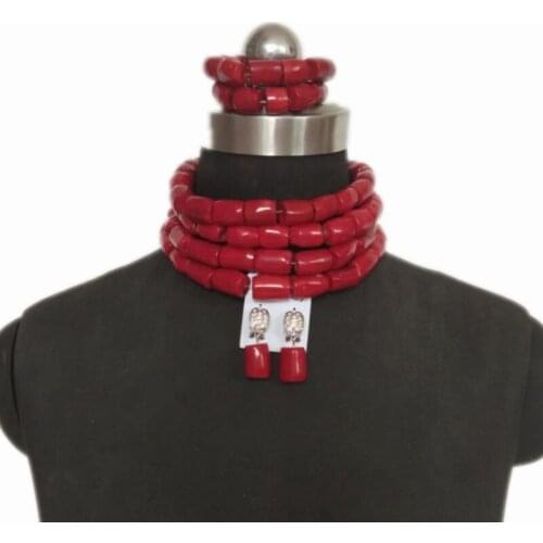 4UJewelry 12-13mm Red Coral beads African Jewelry Set For Nigerian Women Choker Pendant Necklace Set 4 Layers Costume Jewellery Dubai Set Turkish Tribal Set