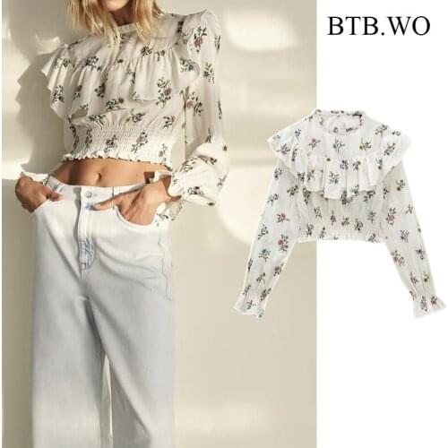 BTB.WO Za Blouse Women England Style Press Pleated Ruffles Casual Fashion Blusas Office Ladies Shirts Chic Blusas Tops