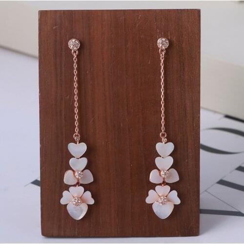 Little fresh forest elegant gentle temperament chain tassel inlaid mother shell flower long face thin earrings earrings
