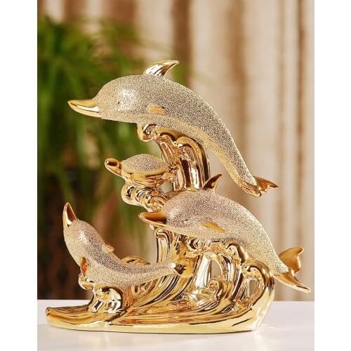 European Wedding Decor Crafts Ceramic Creative Room Decoration Handicraft Gold Dolphin Love Porcelain Figurines Decorations