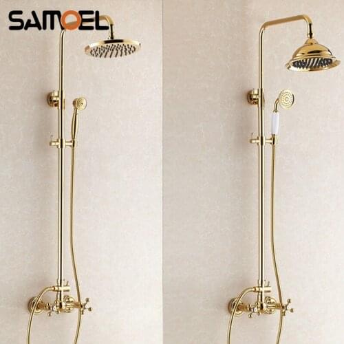 Classic Luxury Gold Brass Shower Faucet Mixer Tap Wall-Mounted Dual Handle Copper Shower Faucet Set with 8 inch Showerhead ST307