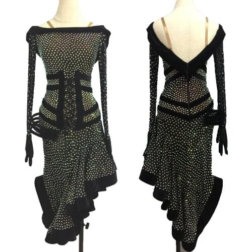 Latin Dance Costume Black Dress Rhinestone Long Sleeves Glove Prom Party Show Competition Clothes Tango Ballroom Dresses BL5389