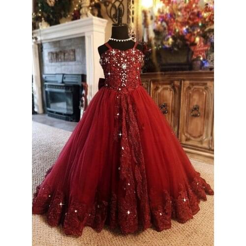 Red Flower Girl Dress Spaghetti Rhinestone Applique Wedding Party Tulle Ball Gown Sleeveless Floor Length Princess Girl Dresses