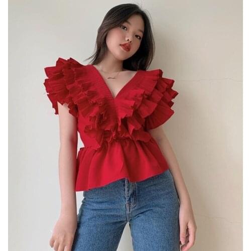 Summer French Red Slim V-Neck Folds T-Shirt Female High Street New Sexy Tees Ladies Brand Casual High Version Vintage Top ML191