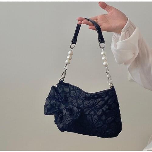 Hot Girls Retro Bowknot Underarm Bag Fashion Pleated Pearl Chain Women Shoulder Bags Female Small Tote Clutch Purse Handbags