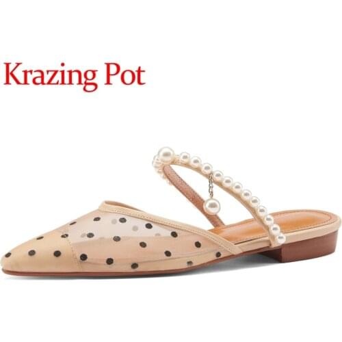 Krazing pot summer pointed toe low heels pearl beading net yarn wave gentlewomen fashion point slip on mules sandals women L07