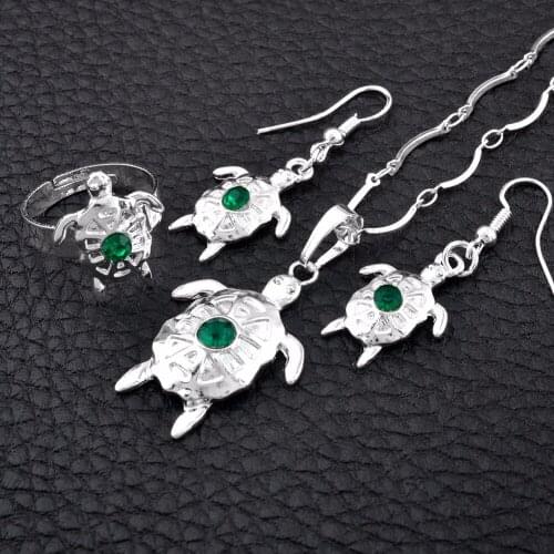 Anniyo Papua New Guinea Silver Color Turtle With Green Stone Pendant Necklaces Earrings Ring PNG Style Jewelry sets #091806B