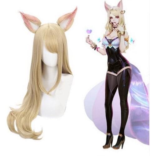 League Of Legends Ahri Cosplay Wig With Two Ears Nine Tailed Fox KDA LOL 85cm Synthetic Hair Wigs Perucas High Temperature Fiber