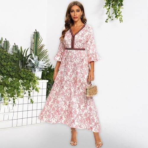 Fridayin Summer Holiday Style Vintage Elegant Short Sleeve Maxi Dress Bohemian Floral Print V-Neck Vestidos