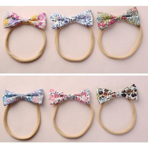 Pink Watercolor Floral Fabric Felt Bow Nylon One Size Headband Newborn Shower gift Baby Toddler Girls Mini hair bows HB338S