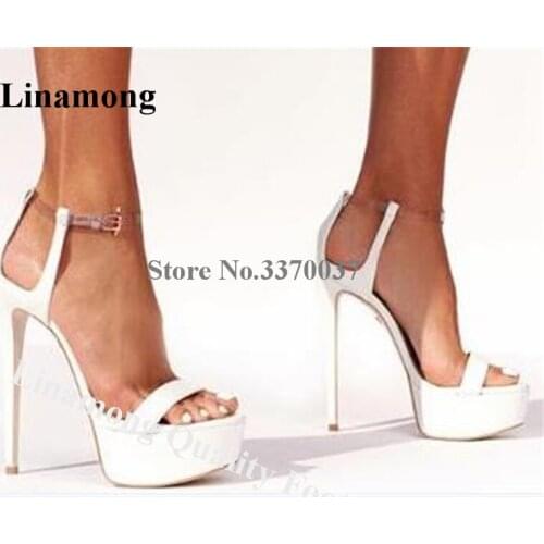 Linamong Newest Open Toe High Platform Stiletto Heel Gladiator Sandals White Silver Ankle Thik Strap High Heel Sandals Heels