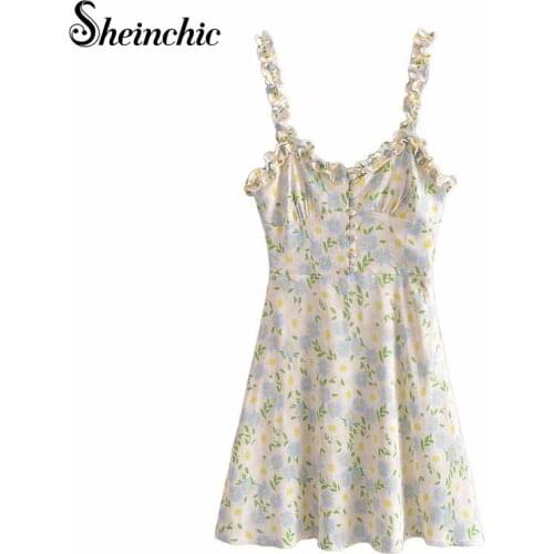 Sexy V-neck Spaghetti Strap Beach Dress Bohemian Elegant Ruffles Floral Printed Mini Dresses for Women 2021