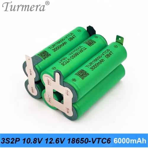 Turmera 3S2P 6000mAh 12.6V 10.8V VTC6 Battery Pack TUR18650VTC6 3000mAh 30A Li-ion Battery for 12V Screwdriver Battery Customize