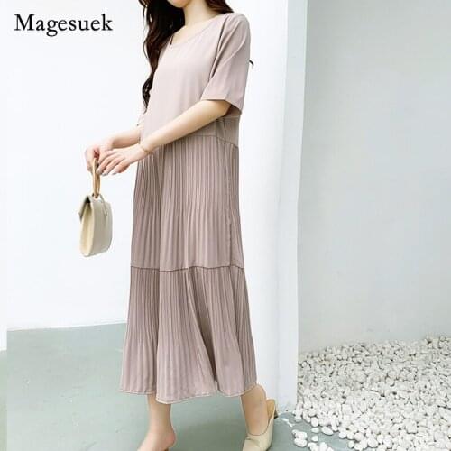 Solid O-Neck Cotton and Linen Loose Fold Short Sleeve Dress Plus Size Summer Women Dress Casual Loose Waist Dress Vestido 14051