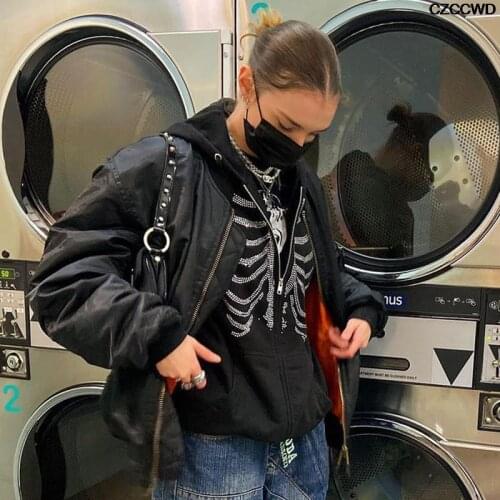 Oversized Black Zip Up Gothic Hoodie Womens Rhinestone Skull Casual Sweatshirt Punk E-girl Fashion Long Sleeve Y2k Outerwear Za