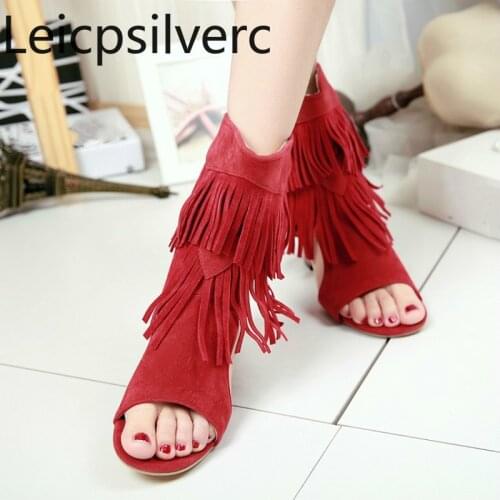 Womens Boots summer The New fashion Flock Fish mouth Open toe zipper tassel Thick heel mid heel Womens shoes plus size 32-46