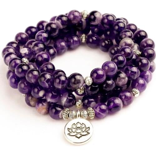 Woman Mala Unisex Bracelets For Women Natural Purple Quartzs Energy Yoga Mala Lotus 108 Beads Buddha Bracelet Stone Jewelry