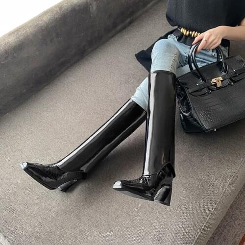 Autumn Winter Fashion Concise Women Knee-High Boots Pointed Toe Genuine Leather Srange Heels Party Platforms Shoes Woman