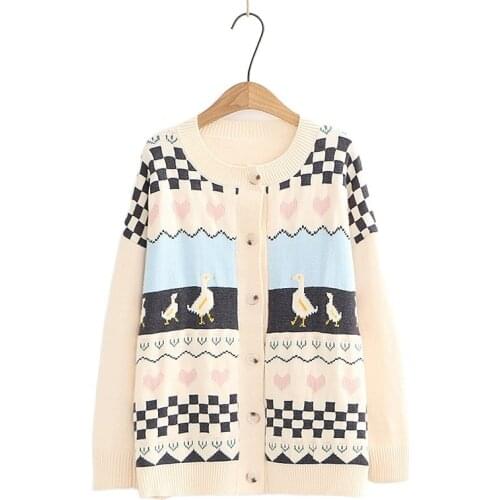 Cartoon Duck Jacquard Harakuju Knit Women Cardigan 2021 Winter Warm Sweet Stylish Female Kawaii Cute Single Breasted Soft Tops