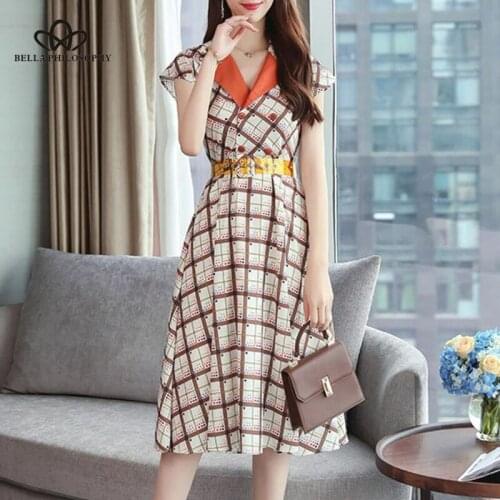 Bella Philosophy 2018 Summer Women Dress Slimming Plaid Knee-Length Streetwear A-Line Sashes V-Neck Korean Version Dress Button