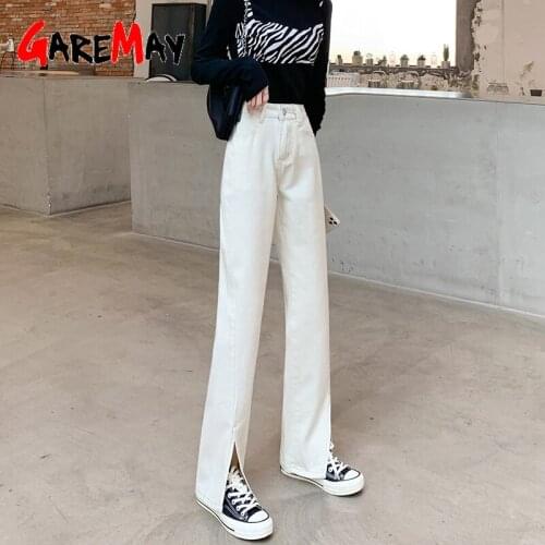 2021 Women Straight Wide Leg White Jeans Loose High Waist Mom Jeans Women Front Side Slit Denim Pants Vintage Stacked Trousers