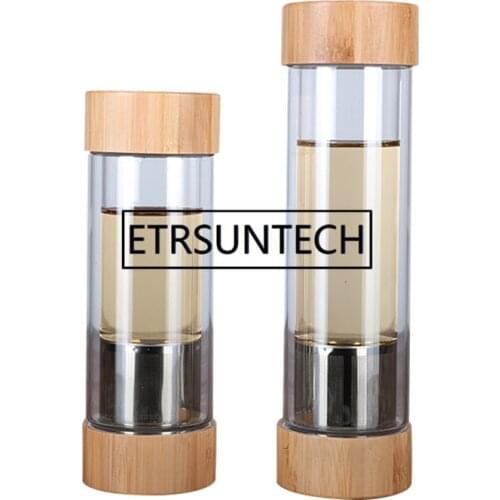 40pcs/lot 300ml/400ml Glass Water Bottles With Tea Infuser Shaker Double Wall Tea Drink Bottled For Water Two Mouths Bamboo Lid