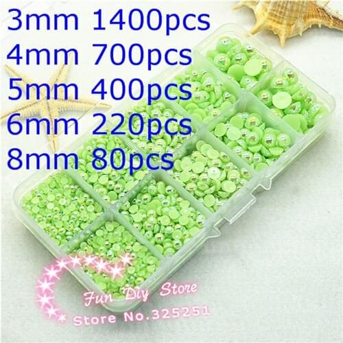AB light green flat back pearl 3 4 5 6 8mm 2800pcs ABS half pearl