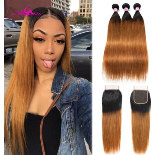 Ali Coco Brazilian Straight Hair Human Hair Weave 3 Bundles With Closure 1B/30 Color 8-28 Inch Swiss Lace Remy Hair Extensions
