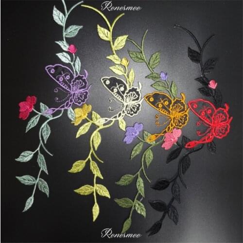 2Pcs 24X5.5cm Flower Butterfly Applique Clothing Embroidery Patch Fabric Sticker Iron On Patch Craft Sewing Repair CD124-A