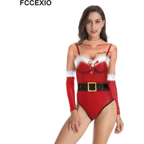 FCCEXIO Christmas Sexy Lace 3D Print Women Bodysuits Stretchy Long Sleeve Leotard XMAS Party Body Top Girl Playsuits