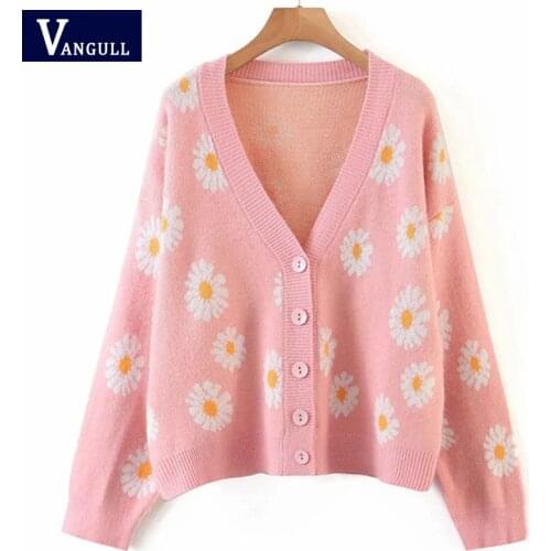 Vangull Floral Print Sweater Cardigan Women Loose Knit Cardigans Autumn Casual Lady Long Sleeve V Neck Floral Outerwear Sweater
