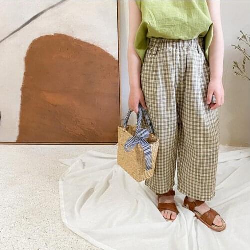 2021 New Girls Boys Plaid Long Pants Summer Cotton Linen Fashion Kids Pants 1-6 t CY914