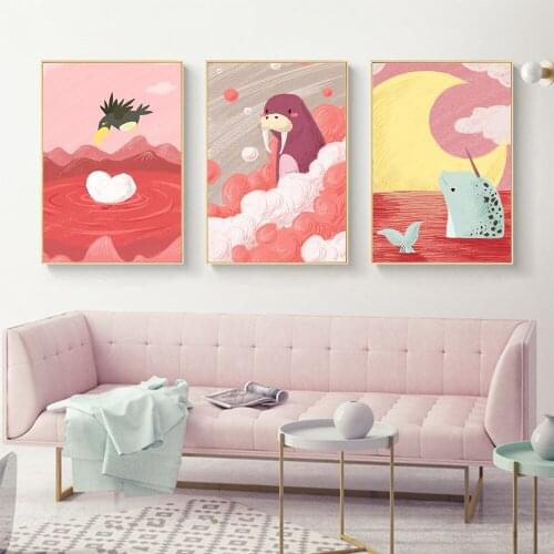 Cartoon Dream Girl Princess Dolphin Canvas Painting Ins Style Childrens Room Girl Heart Poster Wall Art Pictures For Bedroom