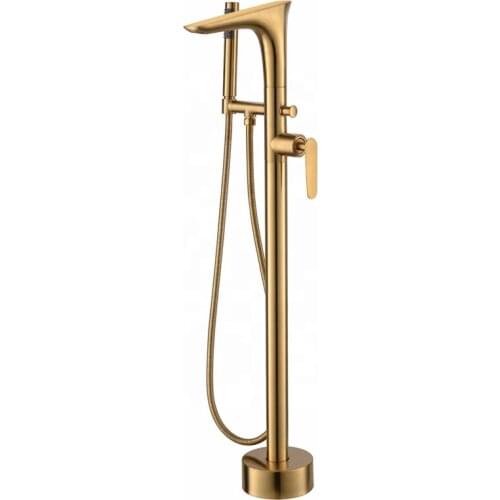 Freestanding Bath Spout Shower Floor Mount Brass set Mixer Valve 2 Function Brushed Gold Bathtub Filler Taps