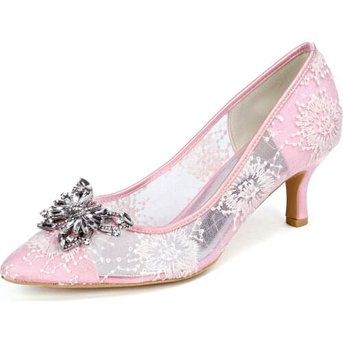 New Spring Pointed Toe See Through Lace Lady Dress Shoes Butterfly Crystal Bridal Wedding Pumps Sweet Girl Birthday Party Heels