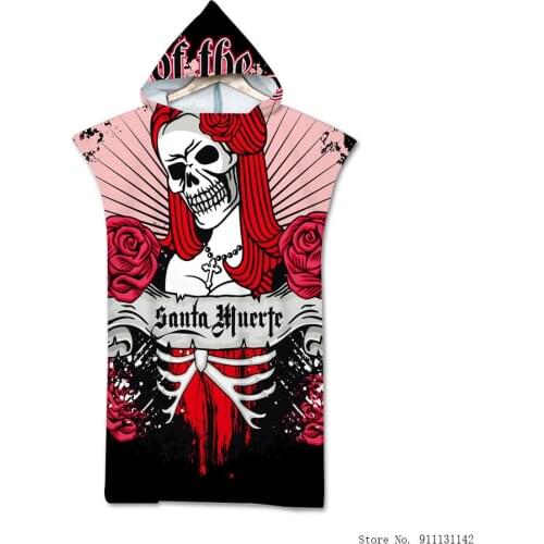 New Black Skull Flower Double-sided Print Women Men Bath Towel Soft Microfiber Outdoor Hooded Poncho Bathrobe Swimsuit