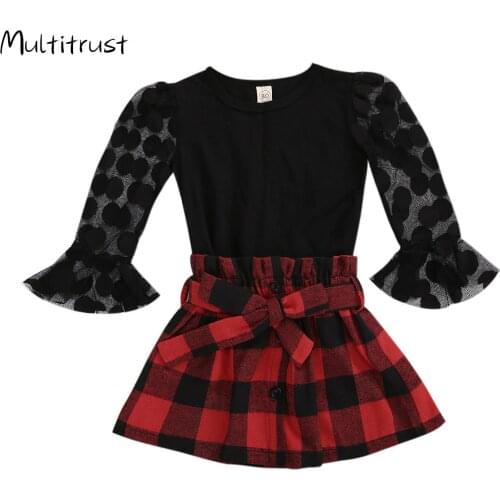 Toddler Girl ClothesMesh Stitching Decoration Flare Long Sleeve + Plaid Skirt 2pcs Spring Clothing 2-6Y